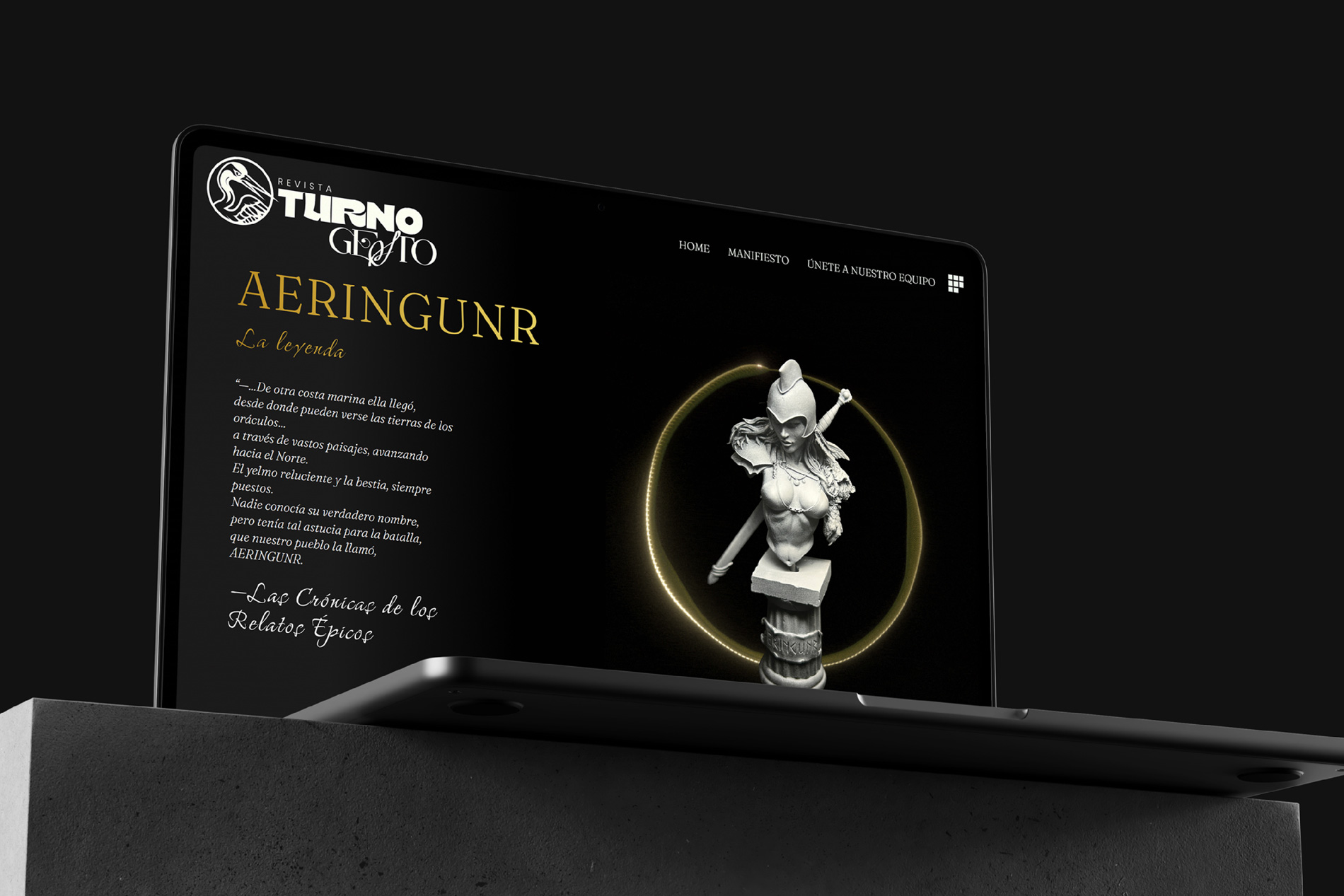 Vista de la revista Turno con la miniatura Aeringunr en primer plano, presentada sin color sobre fondo negro.