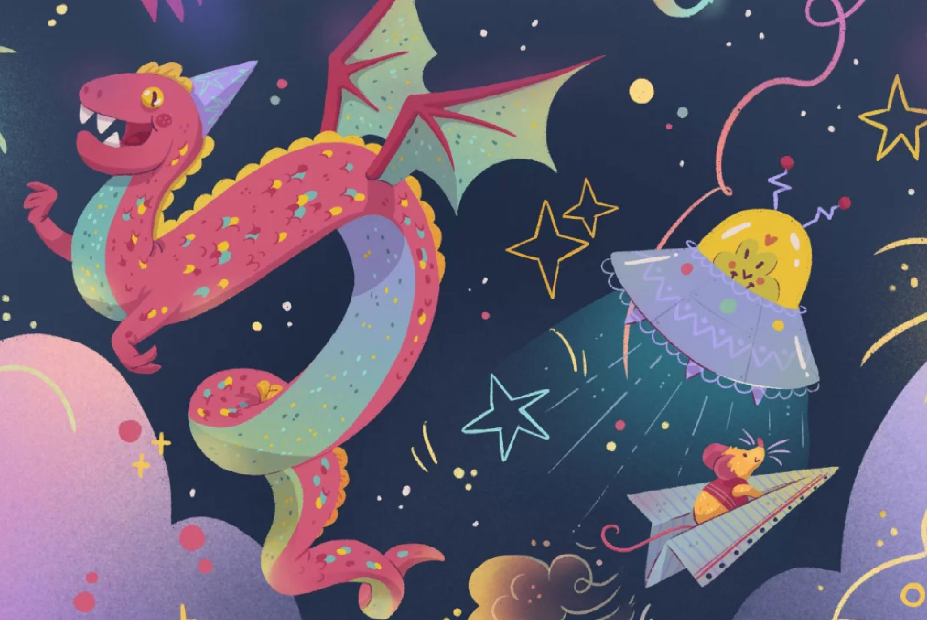 Ilustración de fantasía de Patri de Blas con dragón, ovni y personajes volando en un cielo estrellado